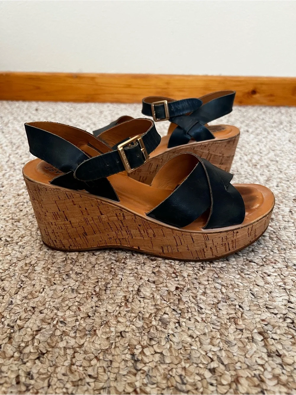 Kork-Ease Navy Leather Cork Wedge Sandals